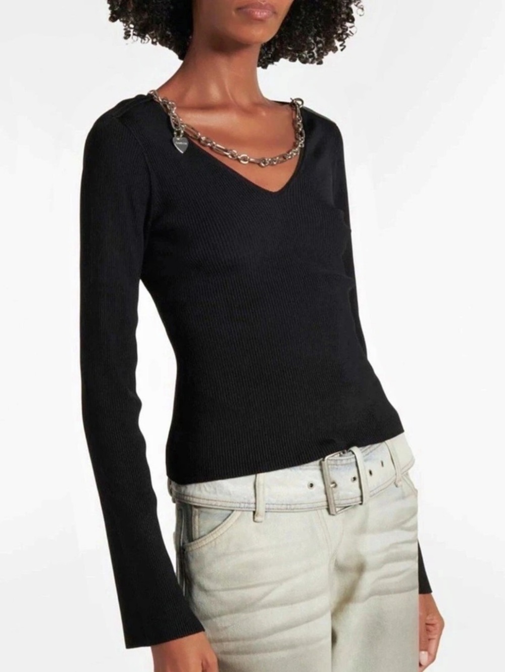 Acne Studios Chain-Embellished Leather-Trimmed Ribbed-Knit Sweater Ribbed-Knit